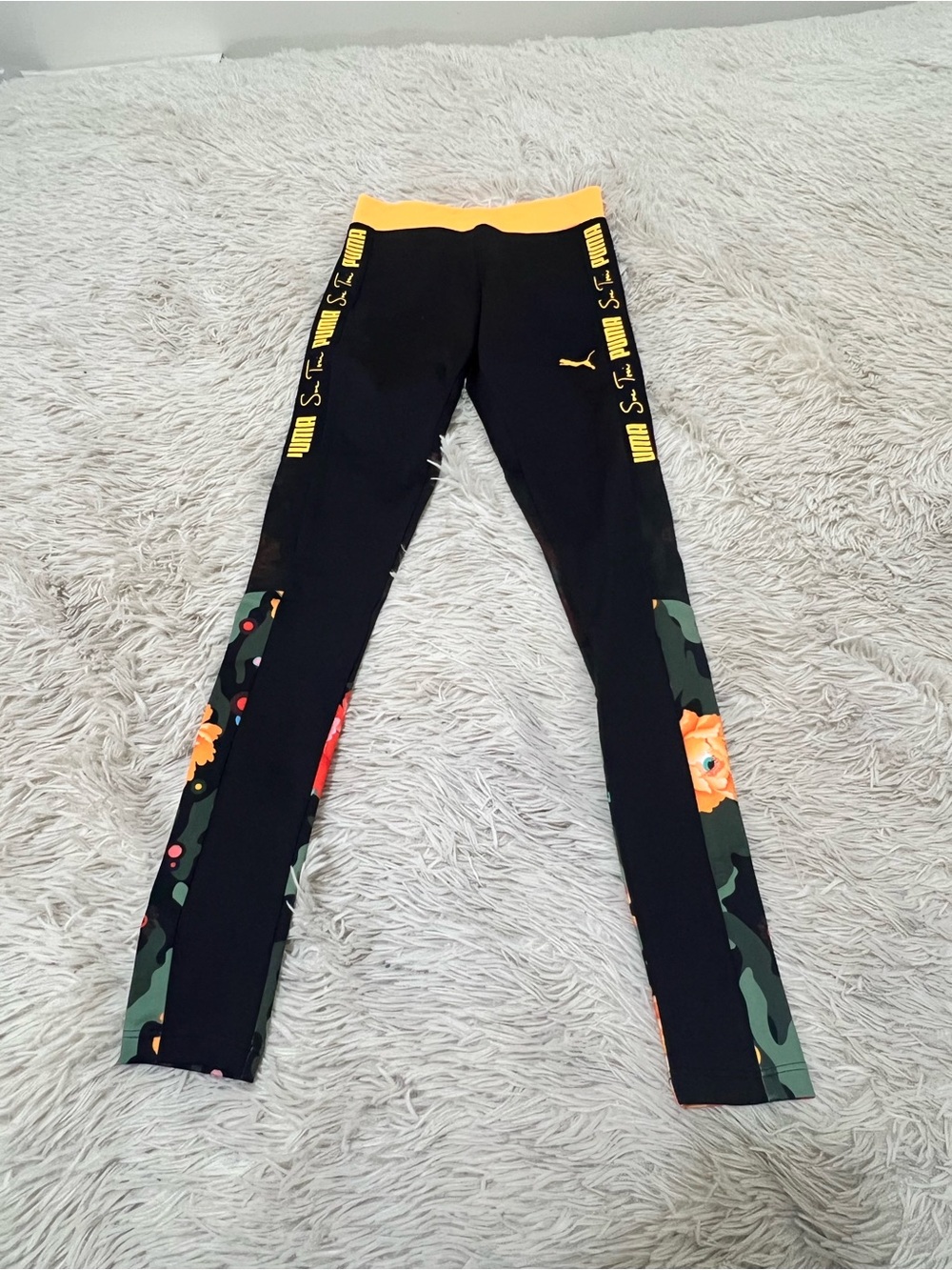 Puma Black Leggings with Yellow Trim and Floral Camo Panels
